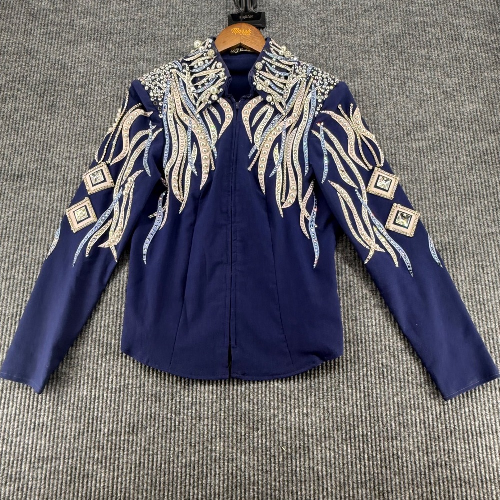 DJ Custom Show Jacket Womens Small Navy Blue Good Beaded Rhinestone Western